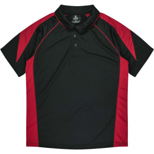 A black polo shirt with red accents and a collar, featuring a logo on the upper side.