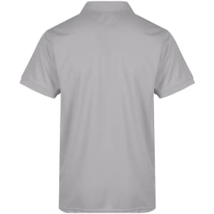 A grey polo shirt with a collar and short sleeves, featuring a logo on the back.