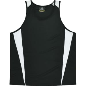 A black singlet featuring white panels on the sides, with a logo on the label.