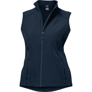 A navy blue vest with a zip closure and two front pockets, featuring a logo on the upper inside.