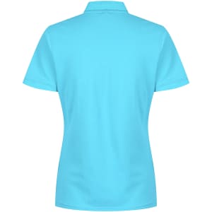 A turquoise women's polo shirt with a collared neckline and short sleeves, featuring a logo on the back.