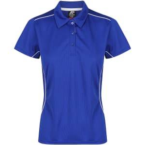 A blue women's polo shirt featuring a collar, short sleeves, and contrasting piping, with a logo on the chest.