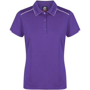 A purple polo shirt with a collar, button placket, and contrast detailing on the sleeves, featuring a logo.