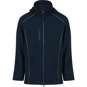 A navy soft shell jacket featuring a zippered front and two side pockets, with an attached hood and branding.