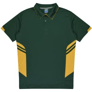 A green and gold polo shirt featuring a collar and contrasting side stripes, with a logo on the chest.