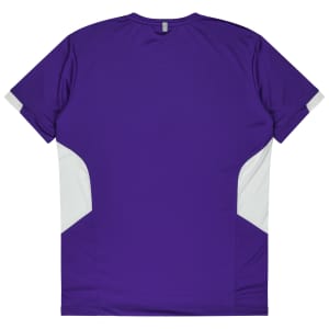 A purple t-shirt with white side panels and a logo on the back. Ideal for casual wear.