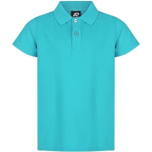 A turquoise polo shirt featuring a collar, short sleeves, and a button placket, with a logo on the label.
