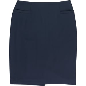 A knee-length skirt in a dark navy colour with a smooth finish and two front pockets. Includes a logo.
