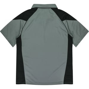 A polo shirt in grey with black accents, featuring a standard collar and short sleeves. It has a logo on the front.