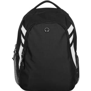A black backpack featuring white stripes and a side mesh pocket, equipped with a prominent logo.