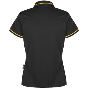 A black polo shirt with yellow trim, featuring a collar and short sleeves. Includes a branding logo.