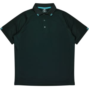 Dark green men's polo shirt featuring a collar and striped accents on the sleeves. Includes a logo.