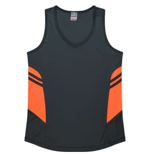 A dark green singlet with orange side panels and a v-neck design, featuring a logo on the label.