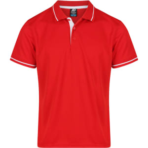 A red polo shirt with white trim, featuring a collar and three buttons, plus a logo on the chest.