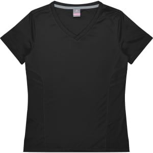 A black v-neck women's t-shirt with textured side panels and a logo. Suitable for casual or active wear.