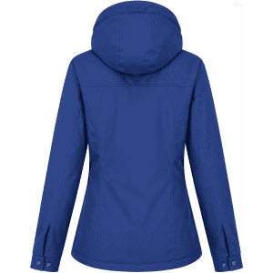 A blue women's jacket with a hood, featuring a fitted design and side openings, includes a logo on the back.