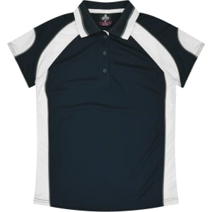 A dark green and white polo shirt with a collar, featuring a logo on the chest.