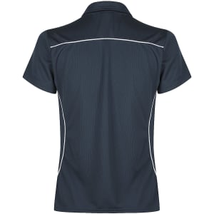 A dark grey polo shirt featuring a collar and white piping details, with a branded logo.