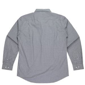 A long sleeve men's button-up shirt in a black and white checked pattern, featuring a back view and a logo.