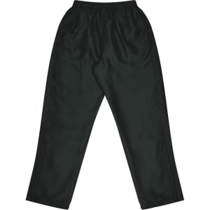Dark green track pants featuring an elastic waistband and a smooth, lightweight fabric. Includes a logo on the design.