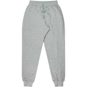 Tapered fleece kids' pants in light grey, featuring an elastic waistband and cuffs, with a small logo.