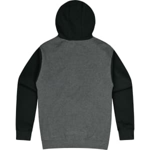 A grey and black hooded jumper featuring long sleeves and a hood, with a logo on the back.