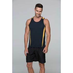 A men’s singlet in navy with yellow accents, displayed by a smiling model. The design includes a logo.