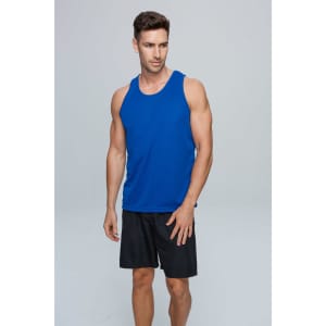 A blue men's singlet is displayed, made from a smooth fabric, worn with black shorts. The model stands confidently in a plain background.