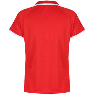 A red polo shirt featuring short sleeves and a contrasting collar, with a logo present.