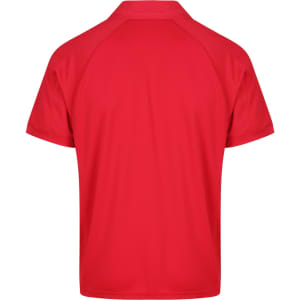 A red polo shirt with short sleeves and a collar, featuring a logo on the back.