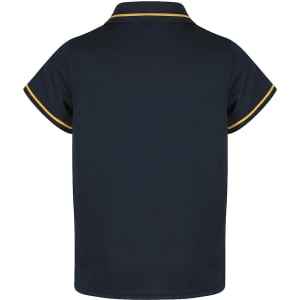 A navy polo shirt for kids with contrasting gold trim and a logo on the back.