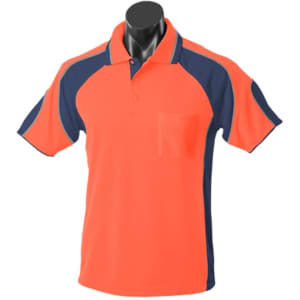 An orange and navy polo shirt featuring a pocket and a logo. Suitable for casual or workwear.