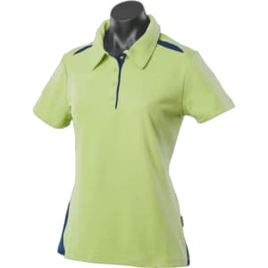 A polo shirt in bright green with navy side panels, featuring a collar and buttons, displayed on a mannequin.