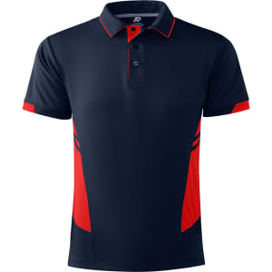 A navy and red men's polo shirt with a collar and short sleeves, featuring contrasting side panels and a logo.