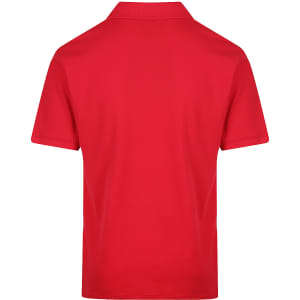 A red polo shirt featuring a collar and short sleeves, with a logo on the back.