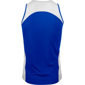 A blue and white sports singlet featuring a back view design and a logo on the fabric.