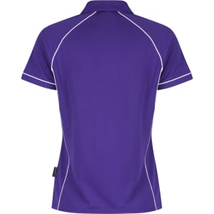A purple polo shirt with white piping details and a logo on the side. The shirt has a classic collar and short sleeves.