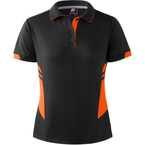 A black polo shirt with orange accents and a logo, featuring a classic collar and buttons.