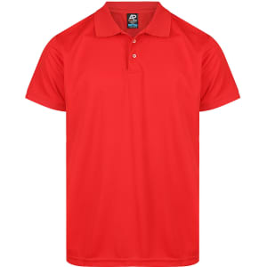 A red polo shirt featuring a collar and three buttons, with a logo on the tag.