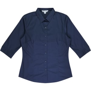 A button-up shirt in navy blue with 3/4 sleeves and a collar. The shirt has a logo on it.