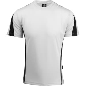 A plain white t-shirt with black detail on the sides and short sleeves. It features a logo on the neck.