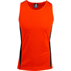 An orange singlet with black side panels, featuring a logo on the neckline.