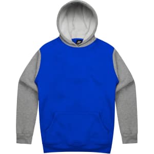 A blue and grey hoodie featuring a front pocket and a hood, with a logo on the inside of the hood.