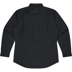 A long-sleeve button-up shirt in black, featuring a classic collar and back pleats, with a logo on the fabric.