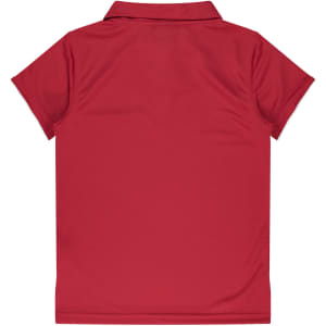 A red polo shirt with a collar and short sleeves, featuring a logo on the back.