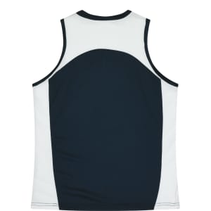A sleeveless singlet featuring a navy blue and white design with a logo on the back.