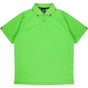 A vibrant green men's polo shirt with a collared neck and short sleeves, featuring a logo.