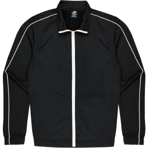 A black jacket with white piping details and a front zip, featuring a label with branding.