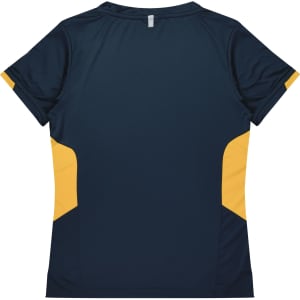 A navy blue women's T-shirt featuring yellow side panels and a logo.