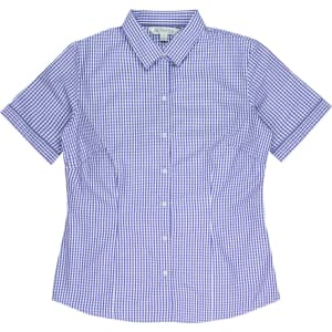 A short-sleeve button-up shirt in blue and white checkered pattern, featuring a classic collar and a fitted design.